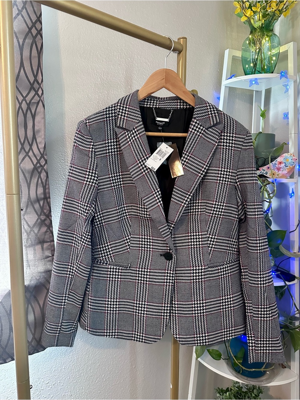 Premise Gray Plaid Single-Button Blazer with Subtle Burgundy Accents